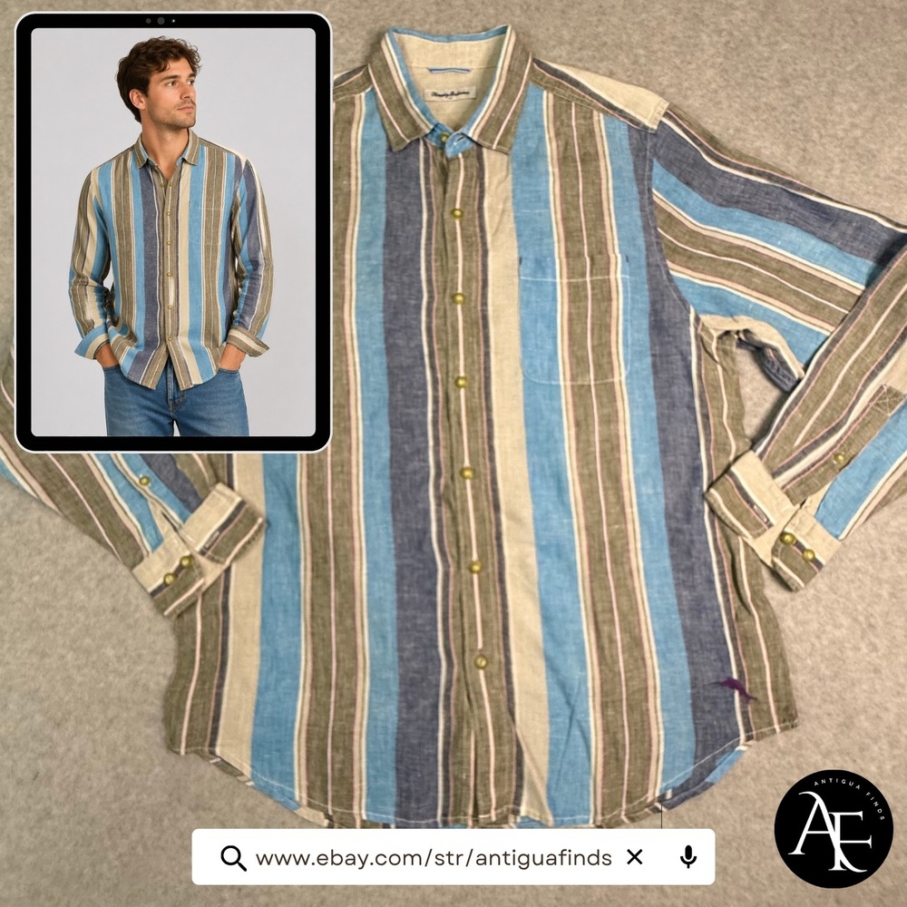 Tommy Bahama‎ Mens 100% Linen Striped Long Sleeve Button Down Shirt Blue Olive L